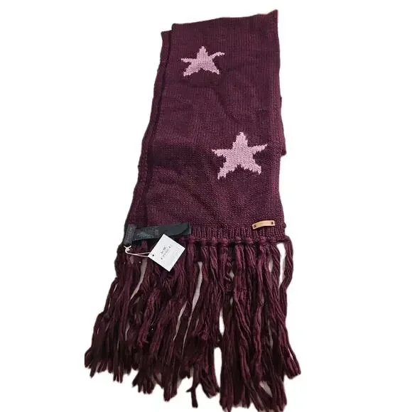 Coach Star Intarsia Long Fringe Scarf Wool Blend Bright Berry Orchid F86021 NWT. - Picture 11 of 14